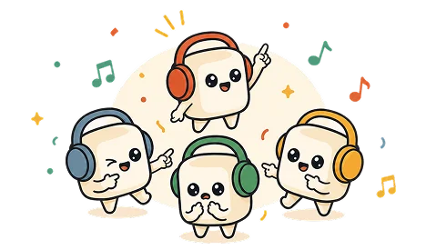 Four cute characters wearing headphones, dancing together