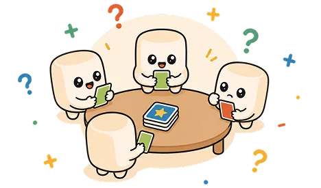 Four cute characters at a table holding cards